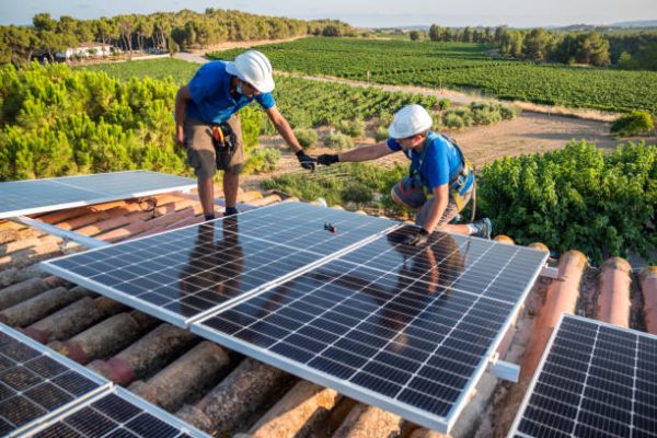 two technicians passing each other a tool while installing a solar panel